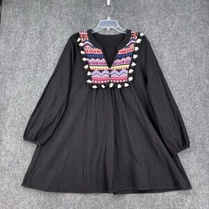 Black Embroidered Fringe Boho Mini Tent Dress Long Sleeve Women’s L Resort